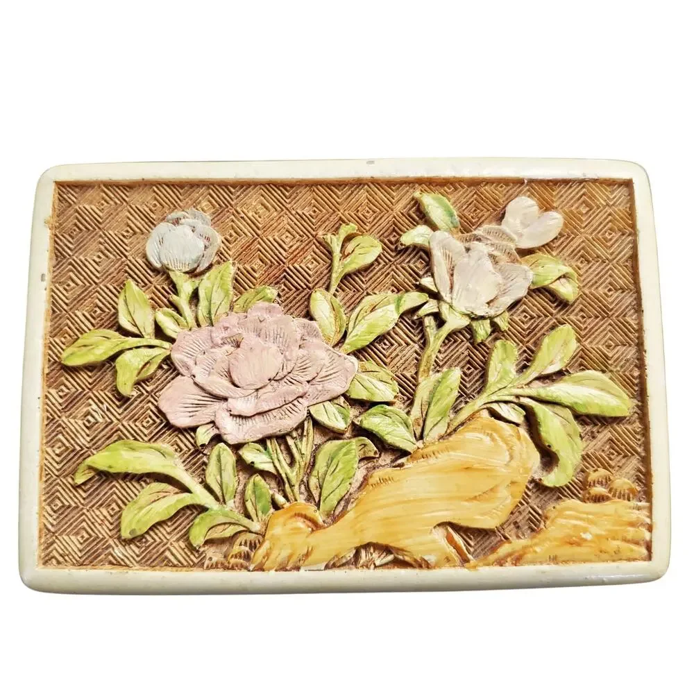 Vintage Ivory Cinnabar Floral Carved Trinket/Jewelry Box & Lid Purple Rose MCM